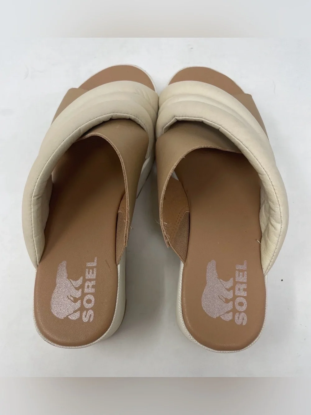 Sorel Cream and Tan Padded Platform Slide Wedge Sandal Size 6.5